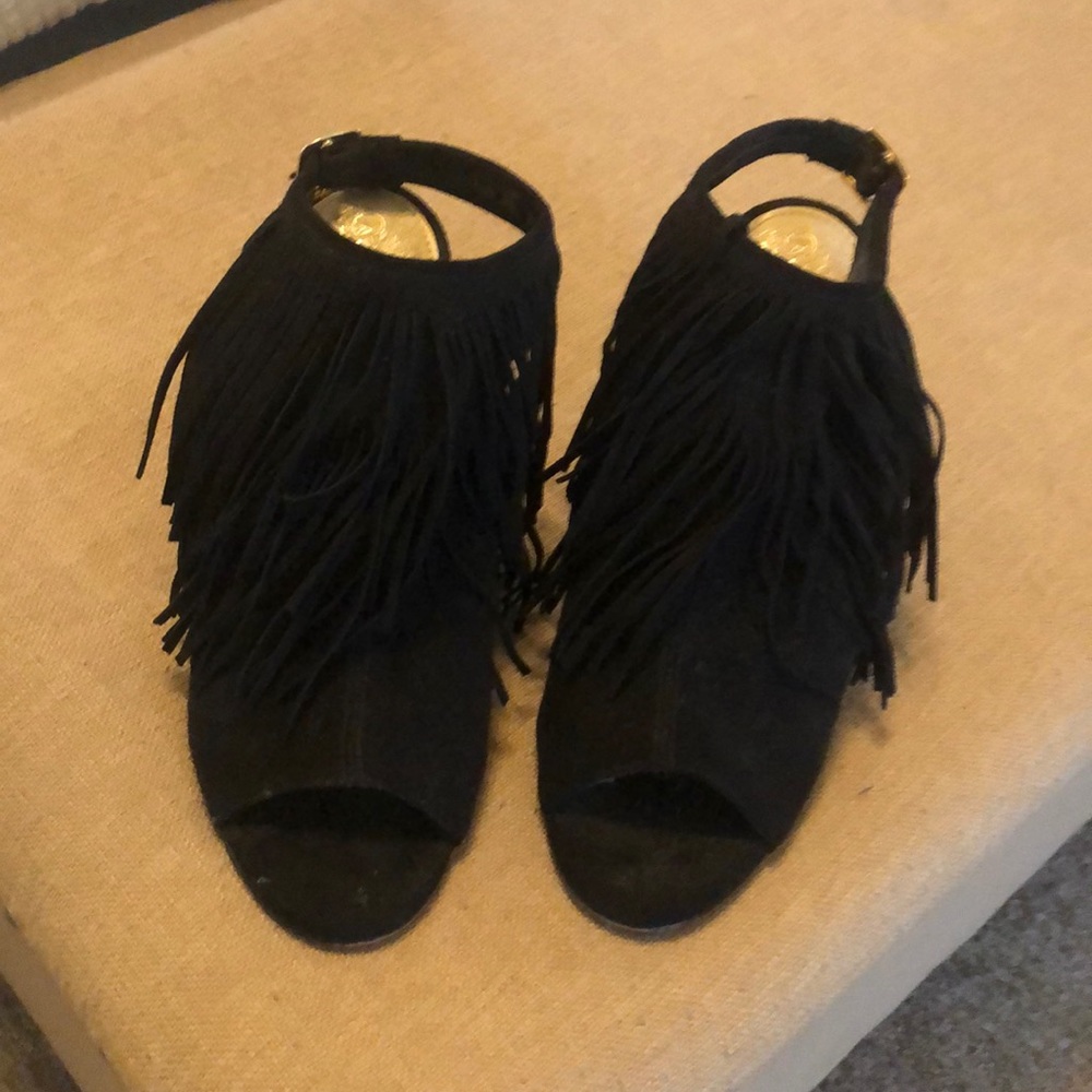 Vince Camuto Black Stacked Booties With Fringe